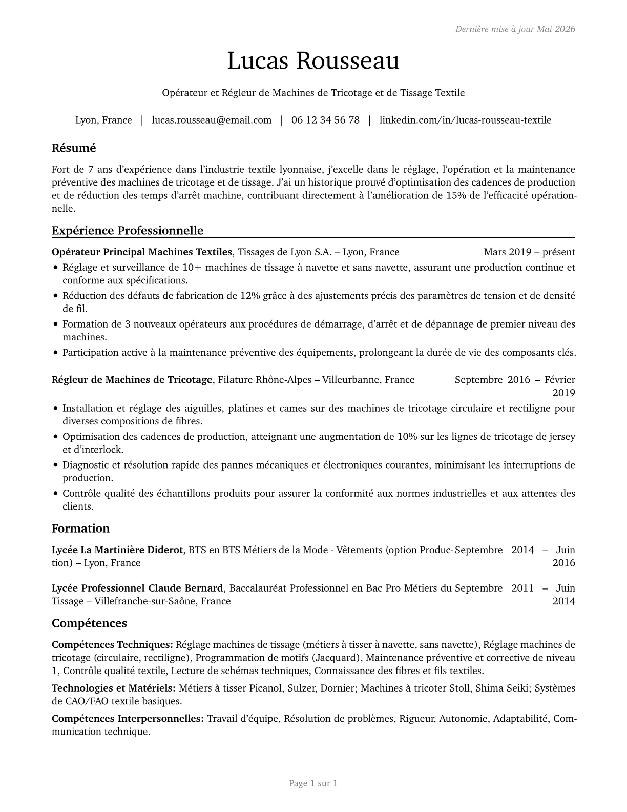 Textile Knitting and Weaving Machine Setters, Operators, and Tenders CV in French — page 1