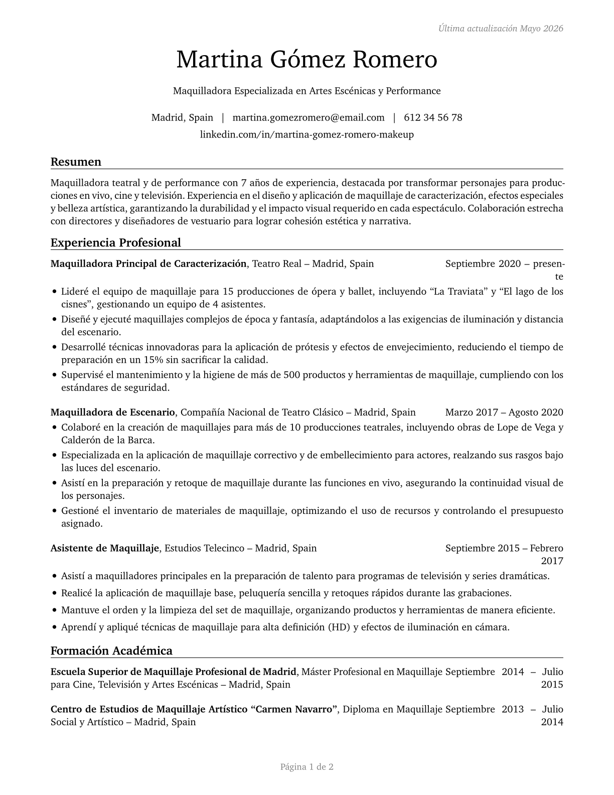 Makeup Artists, Theatrical and Performance CV in Spanish — page 1