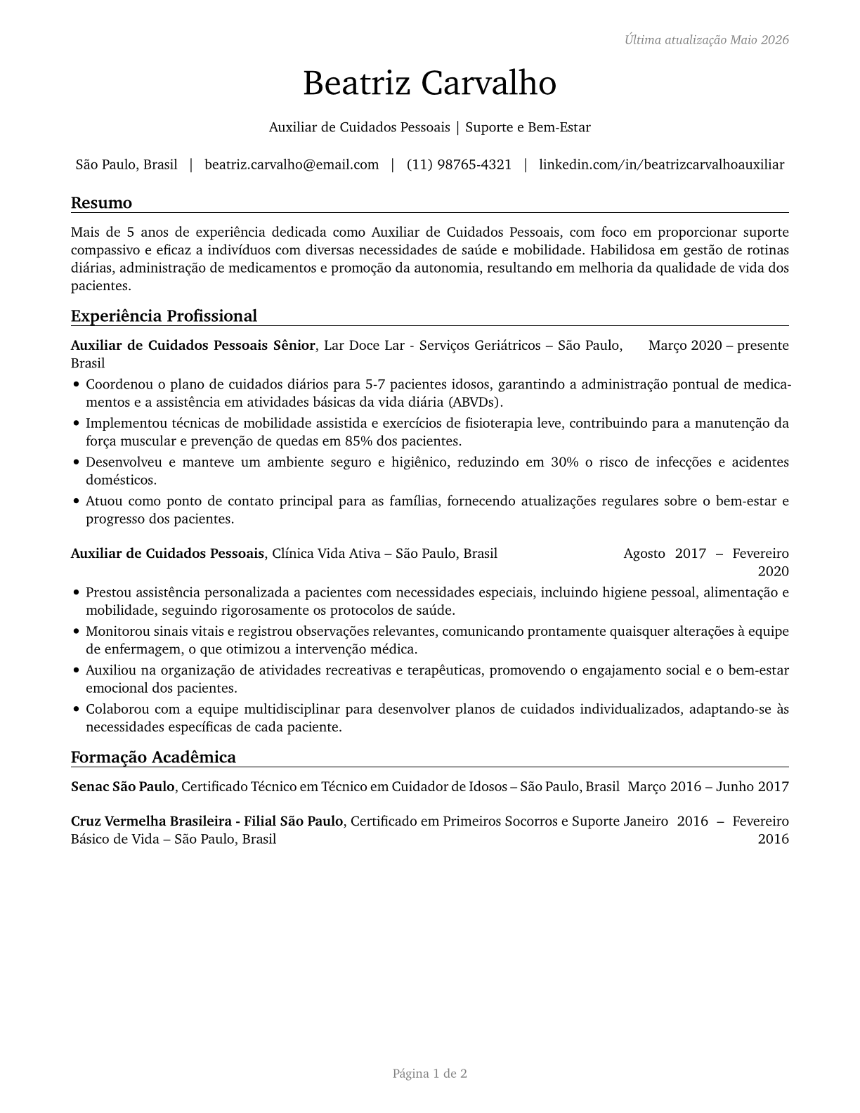 Personal Care Aides CV in Portuguese — page 1