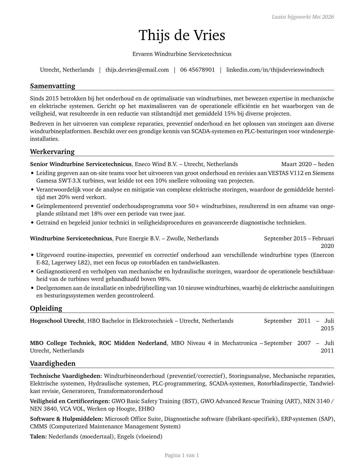 Wind Turbine Service Technicians CV in Dutch — page 1