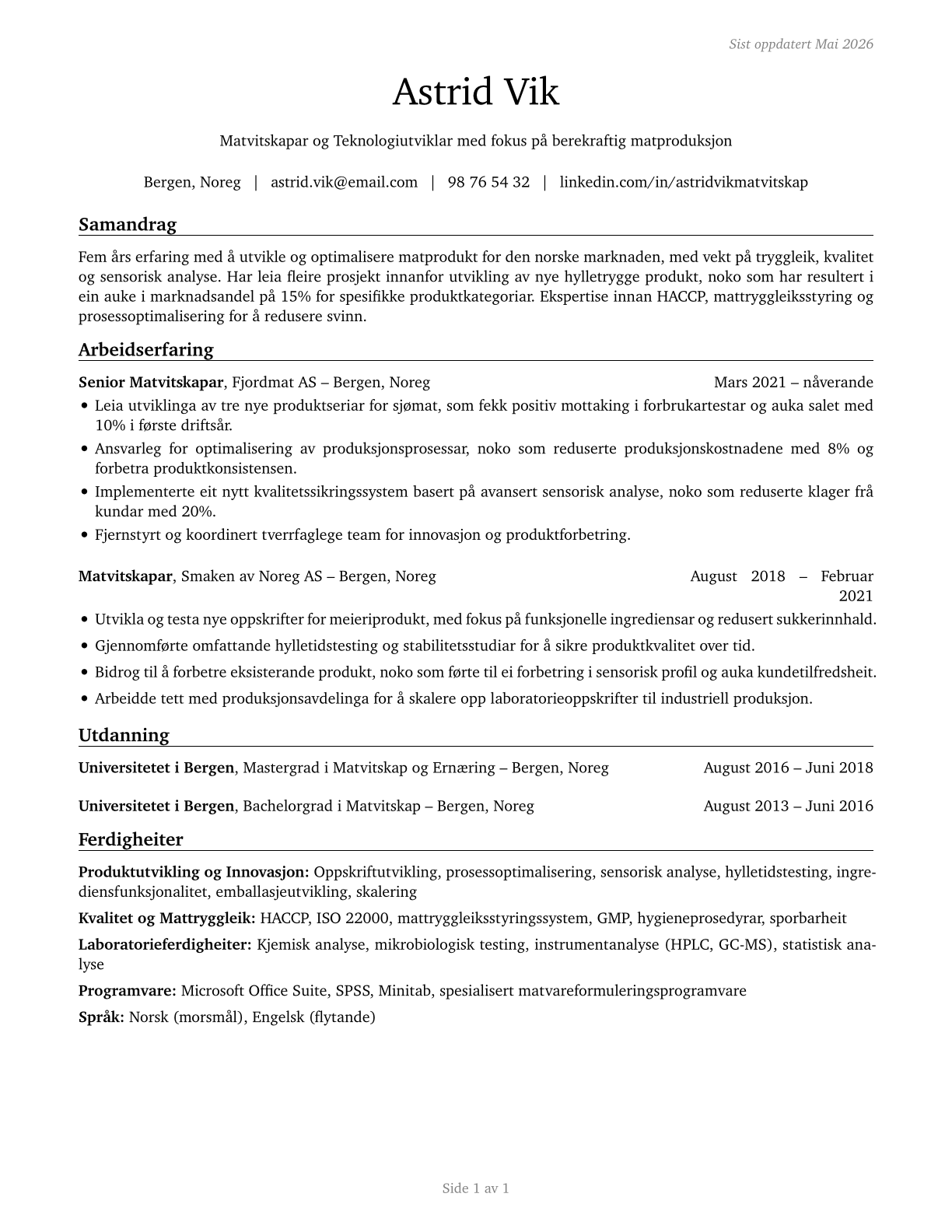 Food Scientists and Technologists CV in Norwegian_nynorsk — page 1