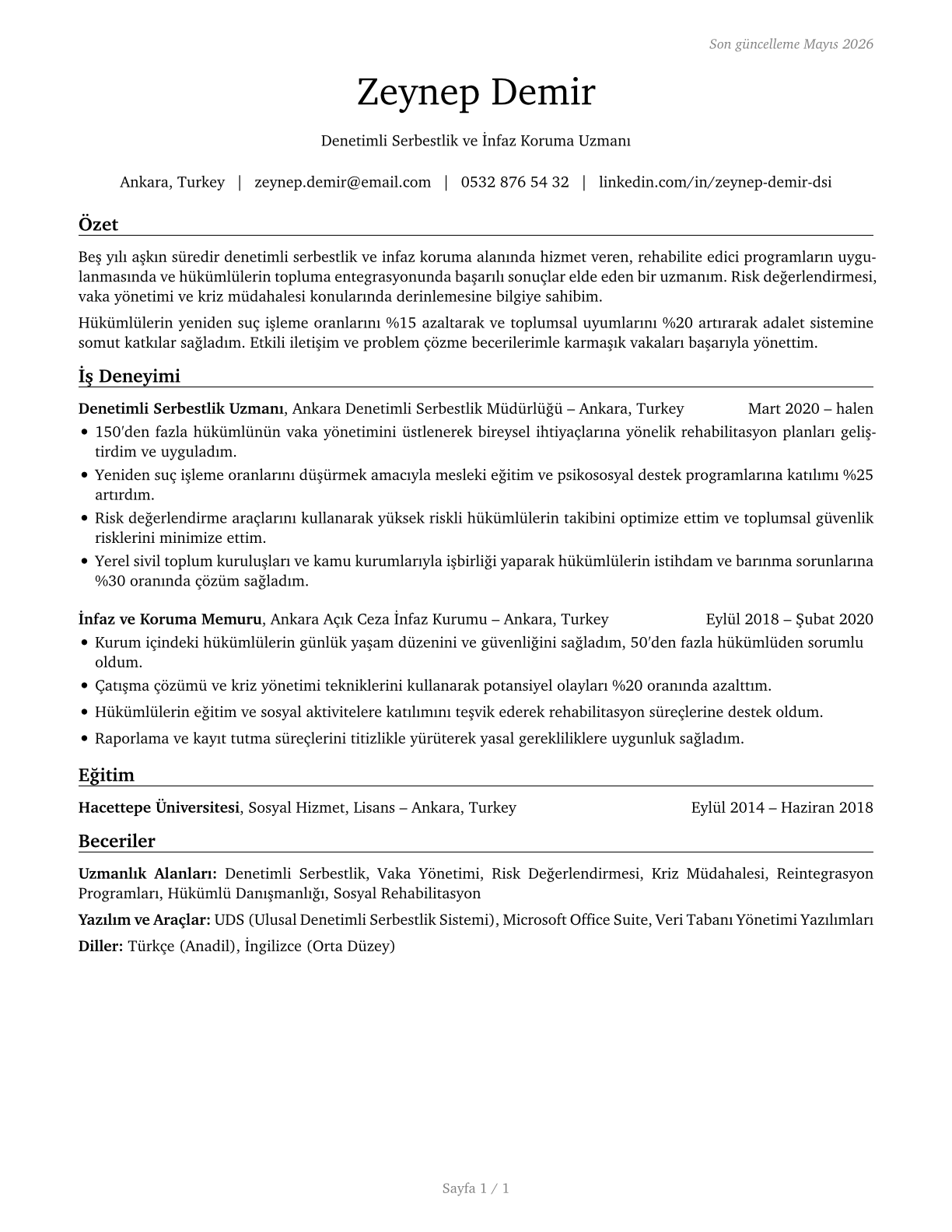 Probation Officers and Correctional Treatment Specialists CV in Turkish — page 1
