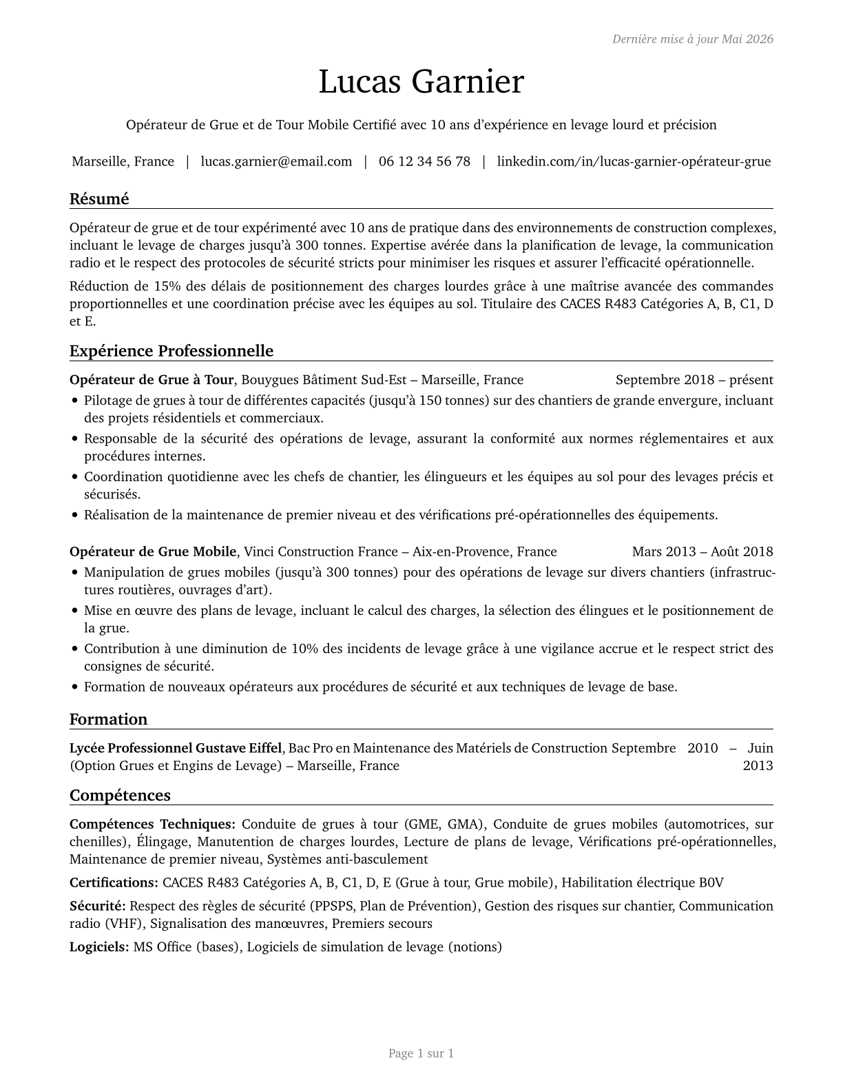 Crane and Tower Operators CV in French — page 1