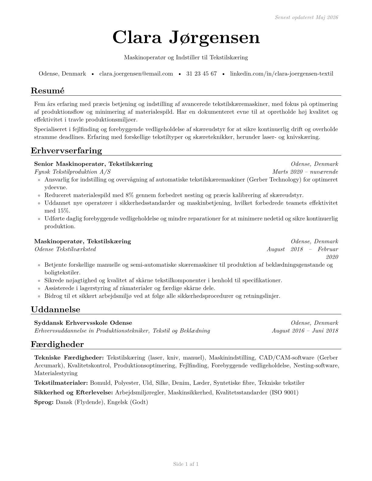 Textile Cutting Machine Setters, Operators, and Tenders CV in Danish — page 1