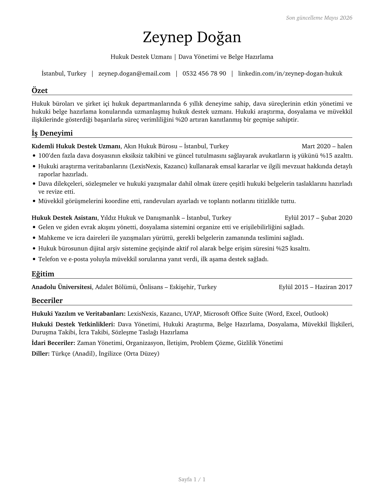 Legal Support Workers, All Other CV in Turkish — page 1