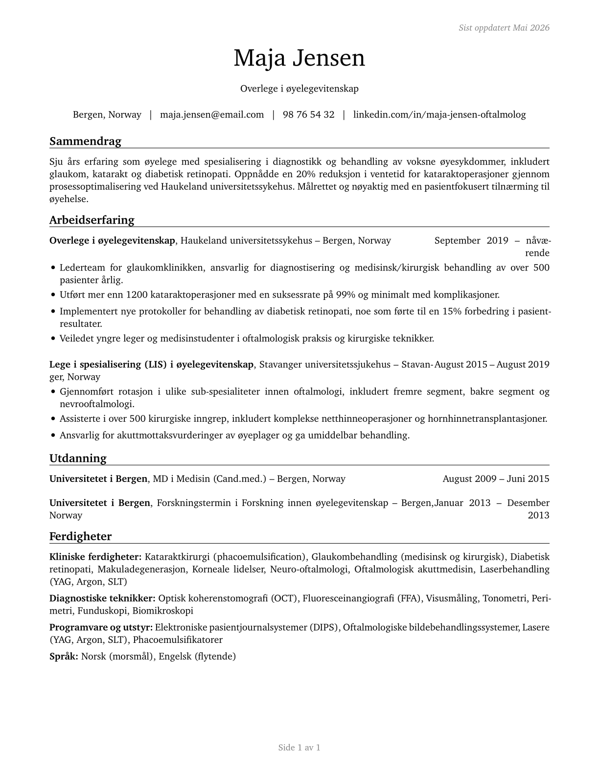 Ophthalmologists, Except Pediatric CV in Norwegian_bokmal — page 1