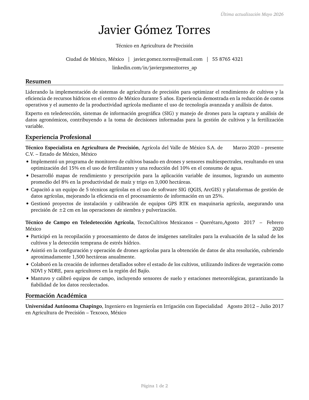 Precision Agriculture Technicians CV in Spanish — page 1