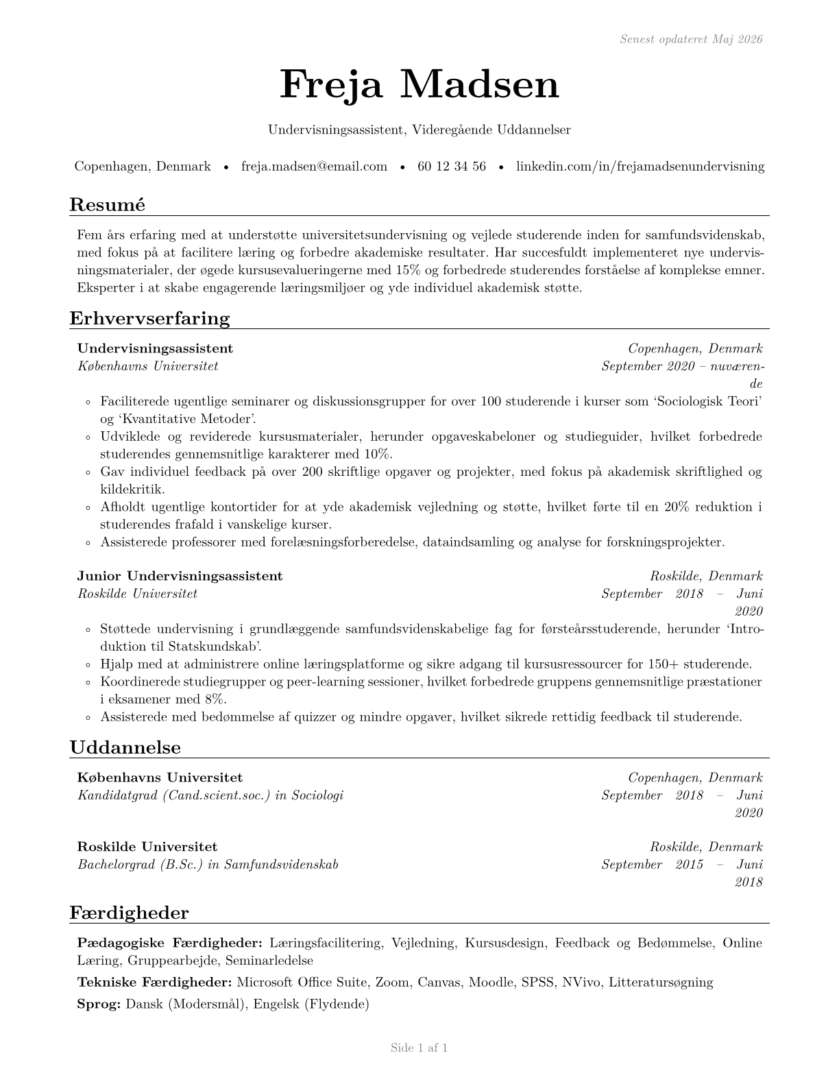 Teaching Assistants, Postsecondary CV in Danish — page 1