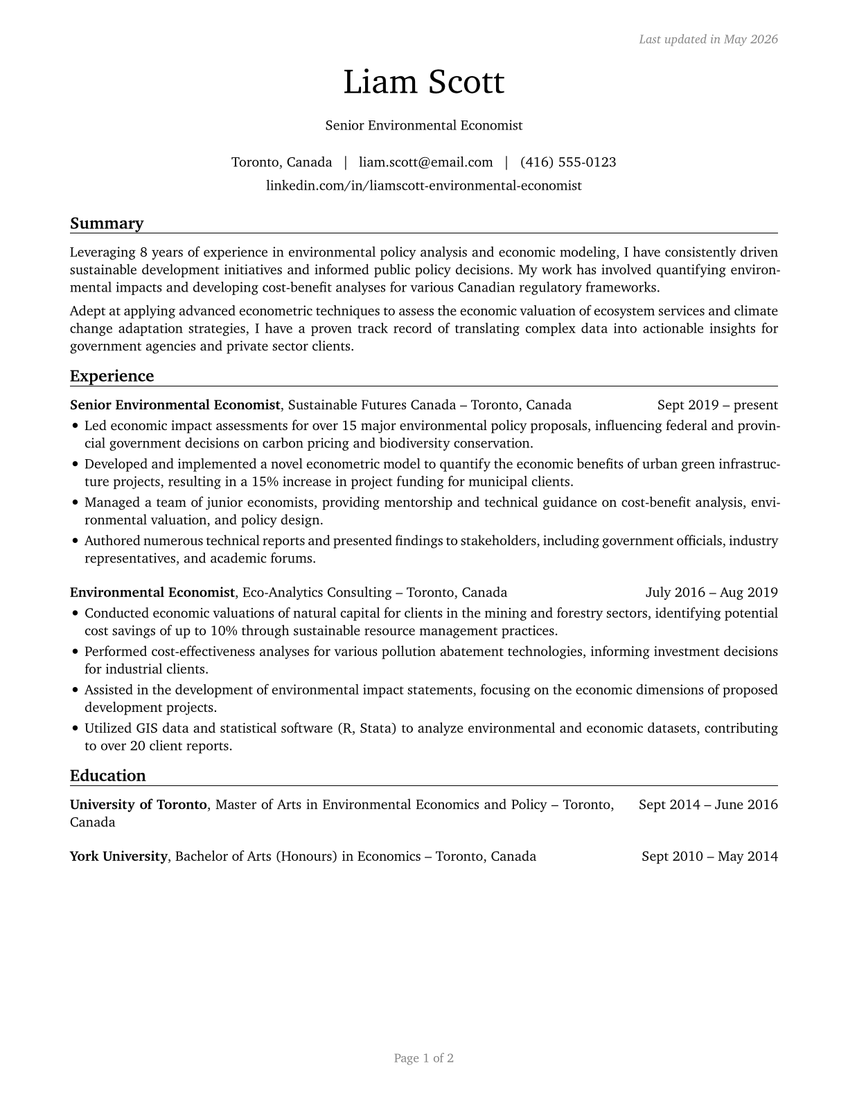 Environmental Economists CV in English — page 1