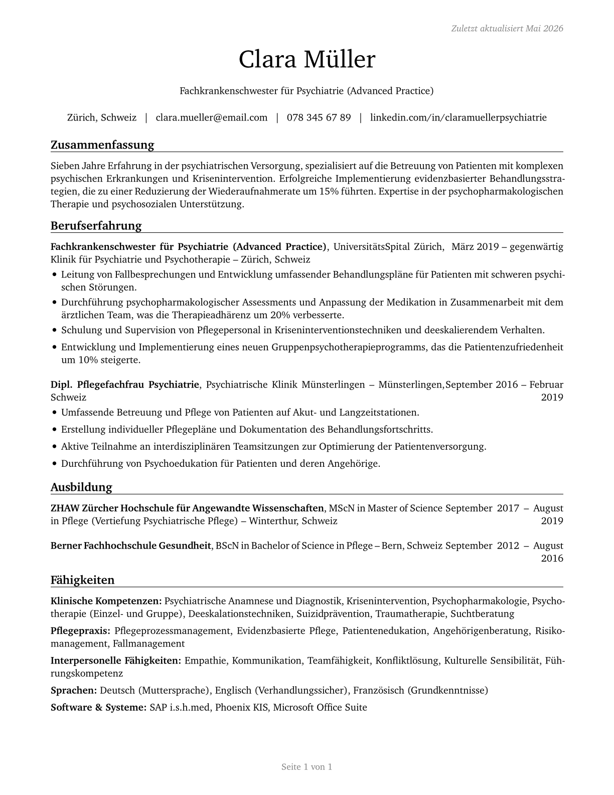 Advanced Practice Psychiatric Nurses CV in German — page 1