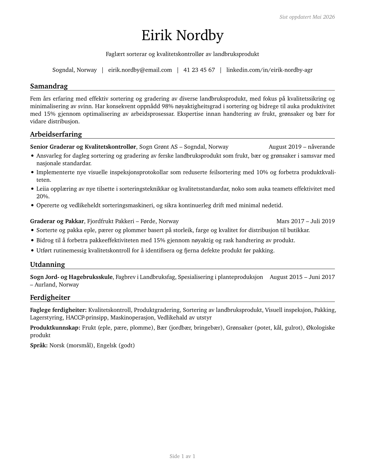 Graders and Sorters, Agricultural Products CV in Norwegian_nynorsk — page 1