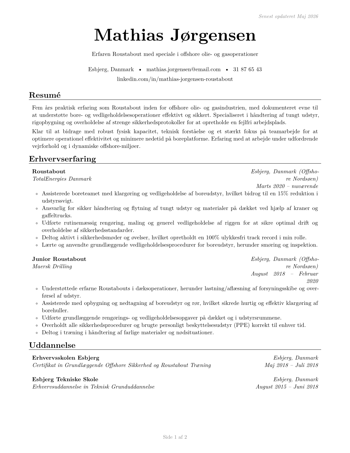 Roustabouts, Oil and Gas CV in Danish — page 1
