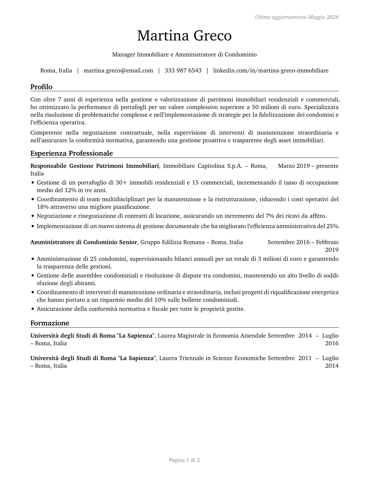 Property, Real Estate, and Community Association Managers CV in Italian — page 1