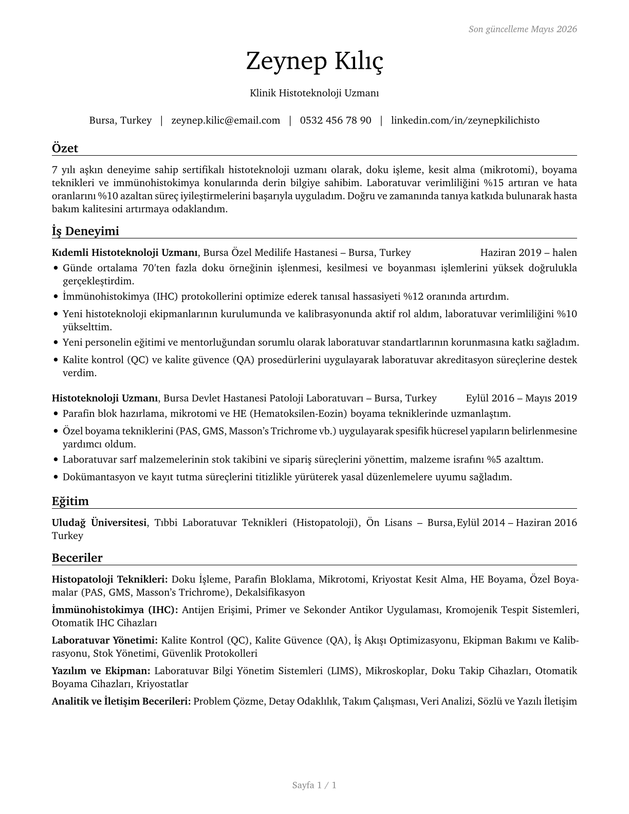 Histotechnologists CV in Turkish — page 1