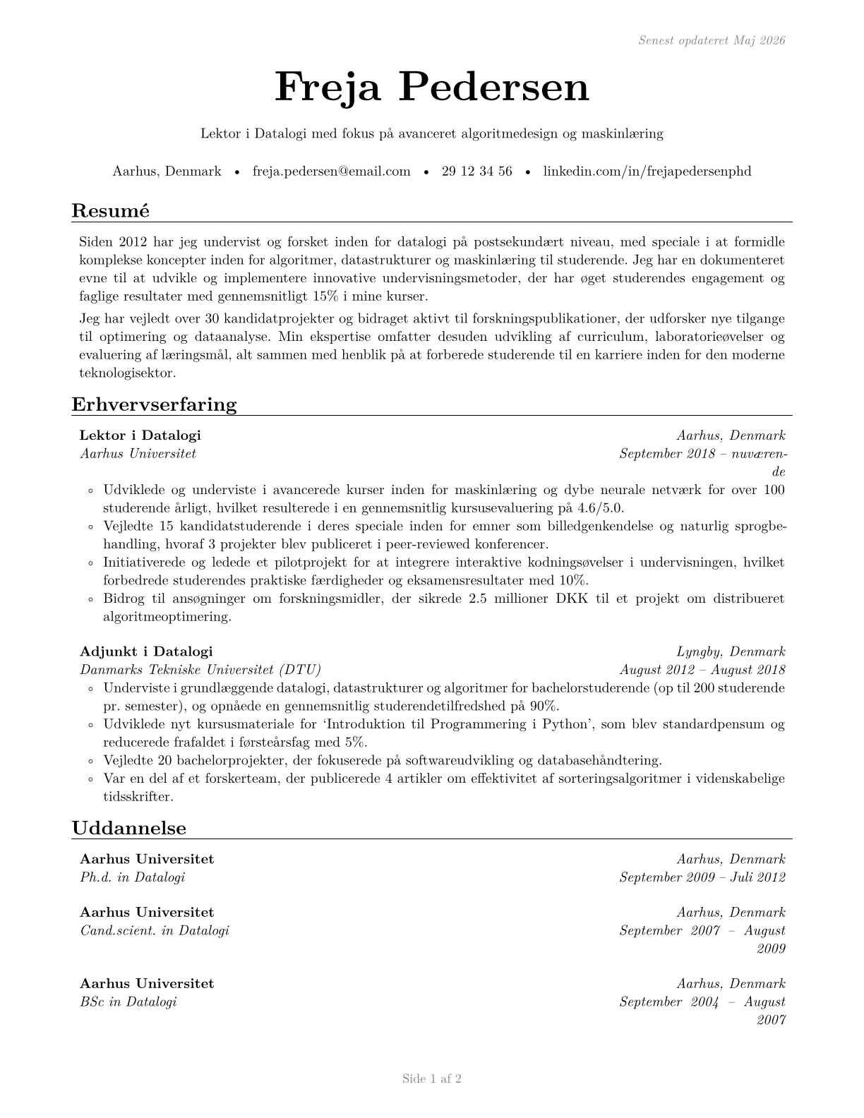 Computer Science Teachers, Postsecondary CV in Danish — page 1
