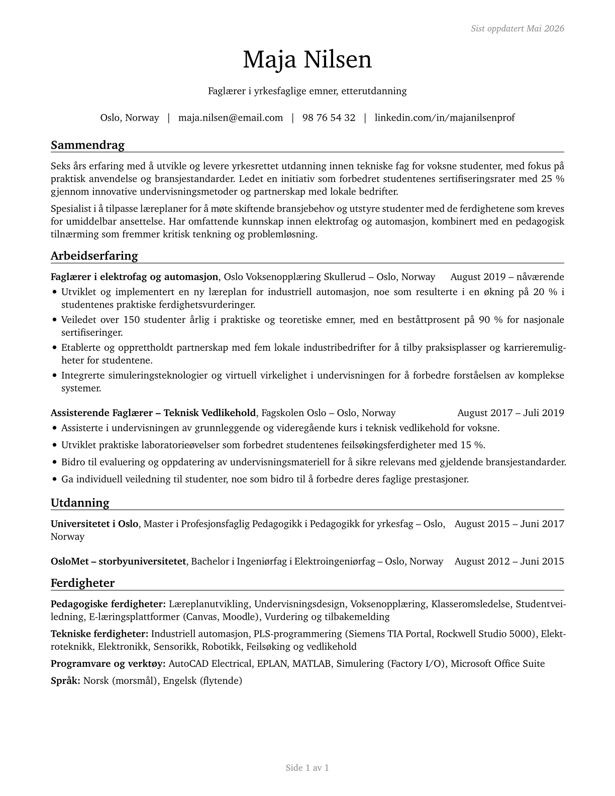 Career/Technical Education Teachers, Postsecondary CV in Norwegian_bokmal — page 1