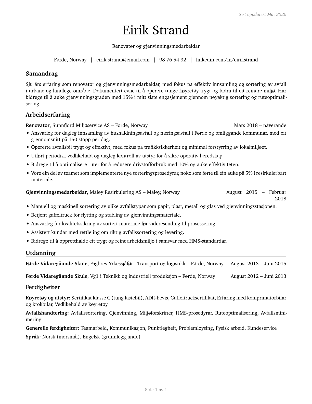 Refuse and Recyclable Material Collectors CV in Norwegian_nynorsk — page 1
