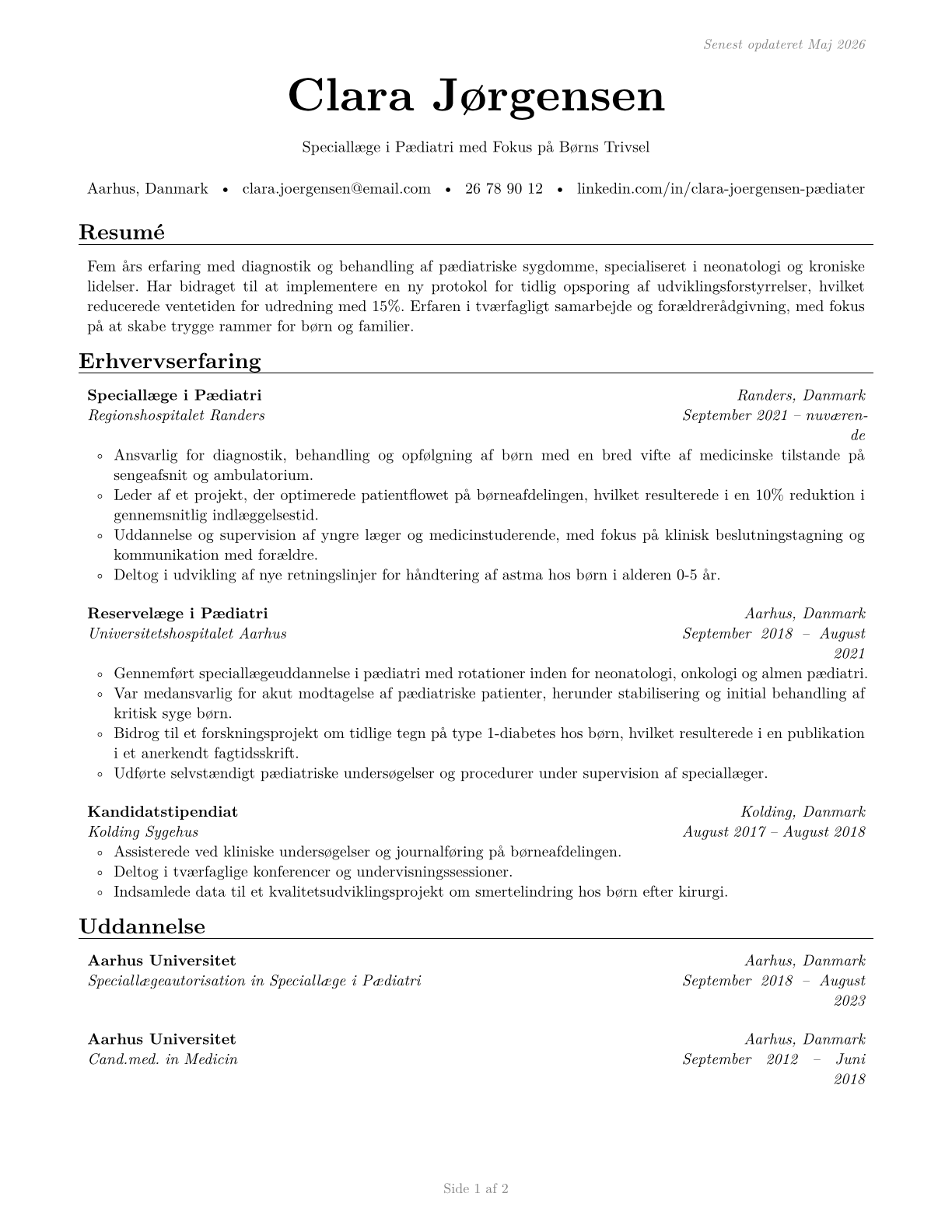 Pediatricians, General CV in Danish — page 1
