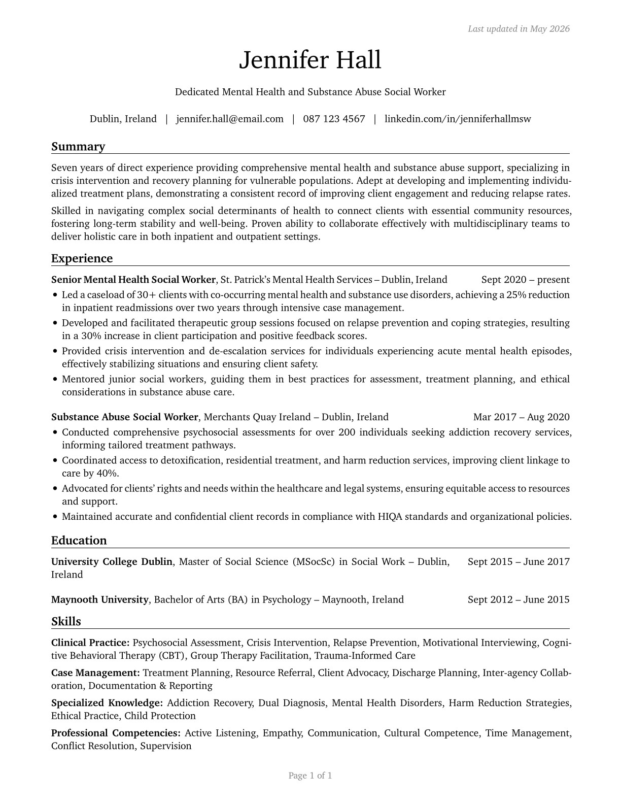 Mental Health and Substance Abuse Social Workers CV in English — page 1
