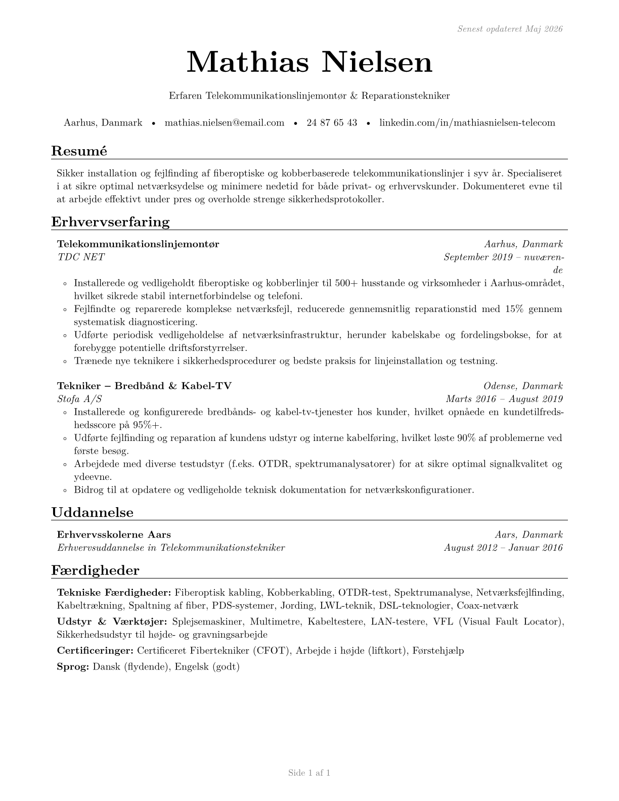 Telecommunications Line Installers and Repairers CV in Danish — page 1