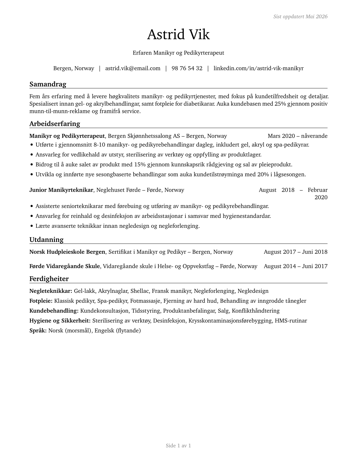 Manicurists and Pedicurists CV in Norwegian_nynorsk — page 1