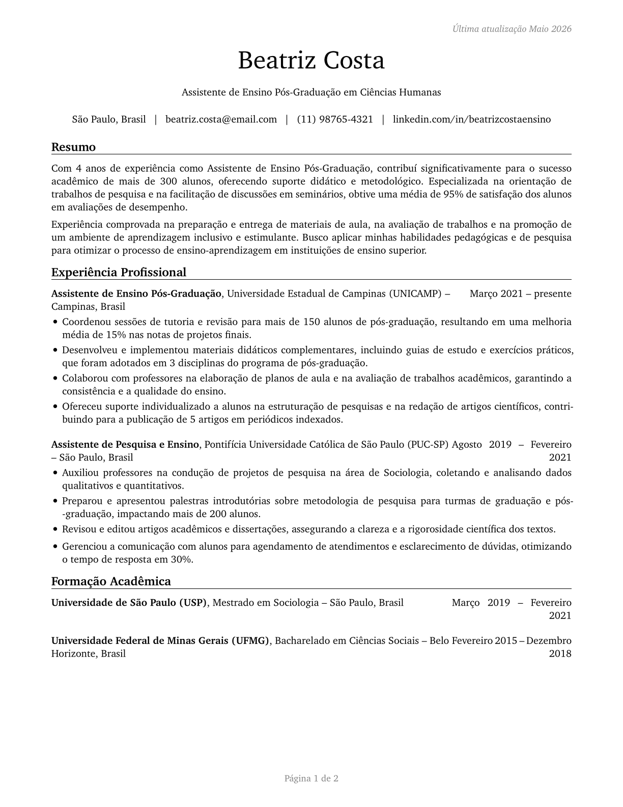 Teaching Assistants, Postsecondary CV in Portuguese — page 1