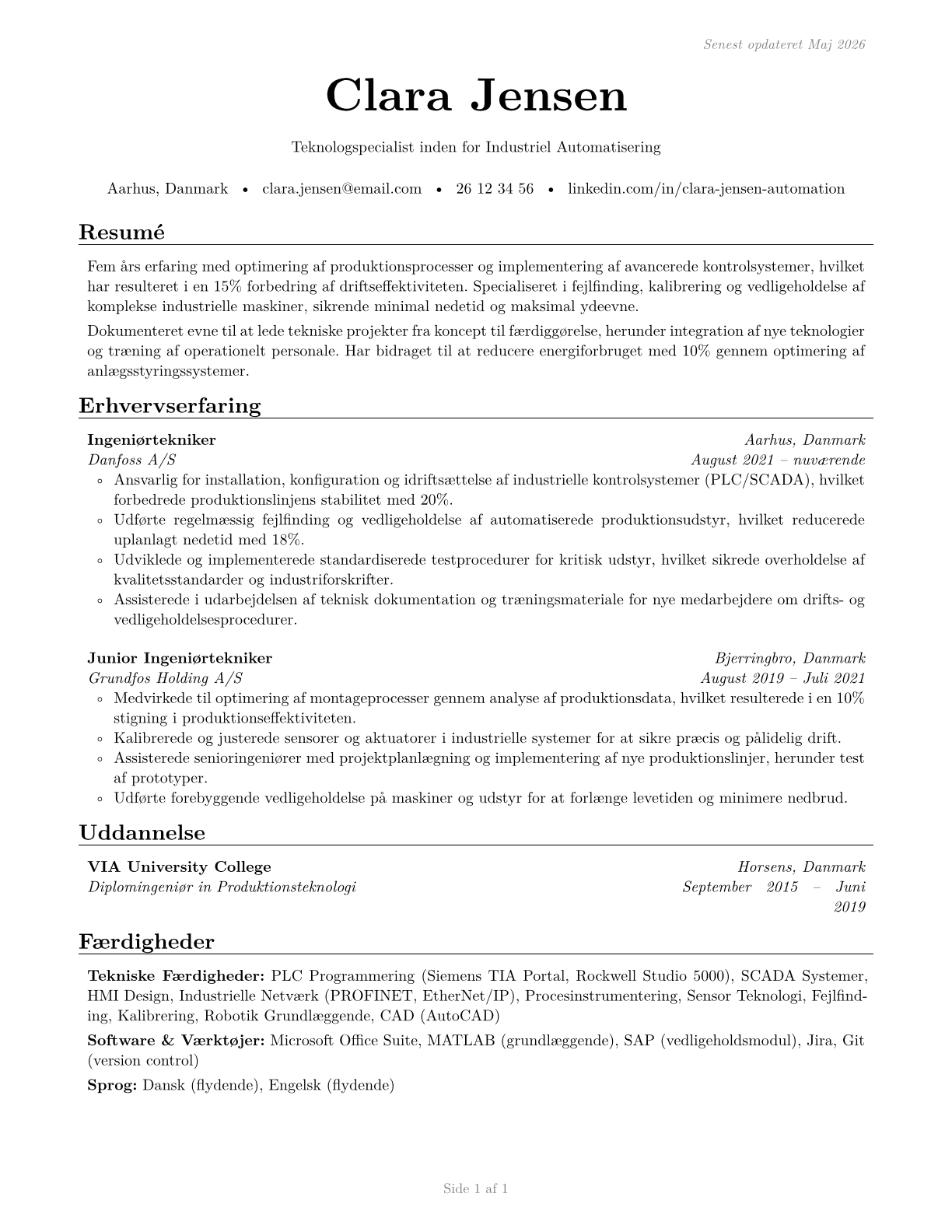 Engineering Technologists and Technicians, Except Drafters, All Other CV in Danish — page 1