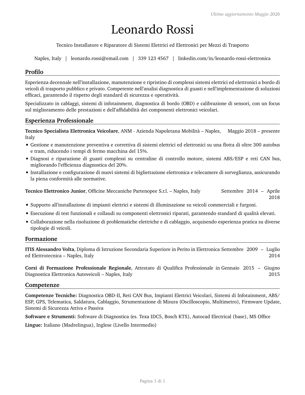 Electrical and Electronics Installers and Repairers, Transportation Equipment CV in Italian — page 1
