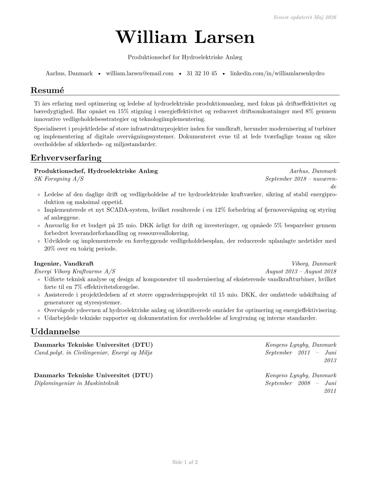 Hydroelectric Production Managers CV in Danish — page 1