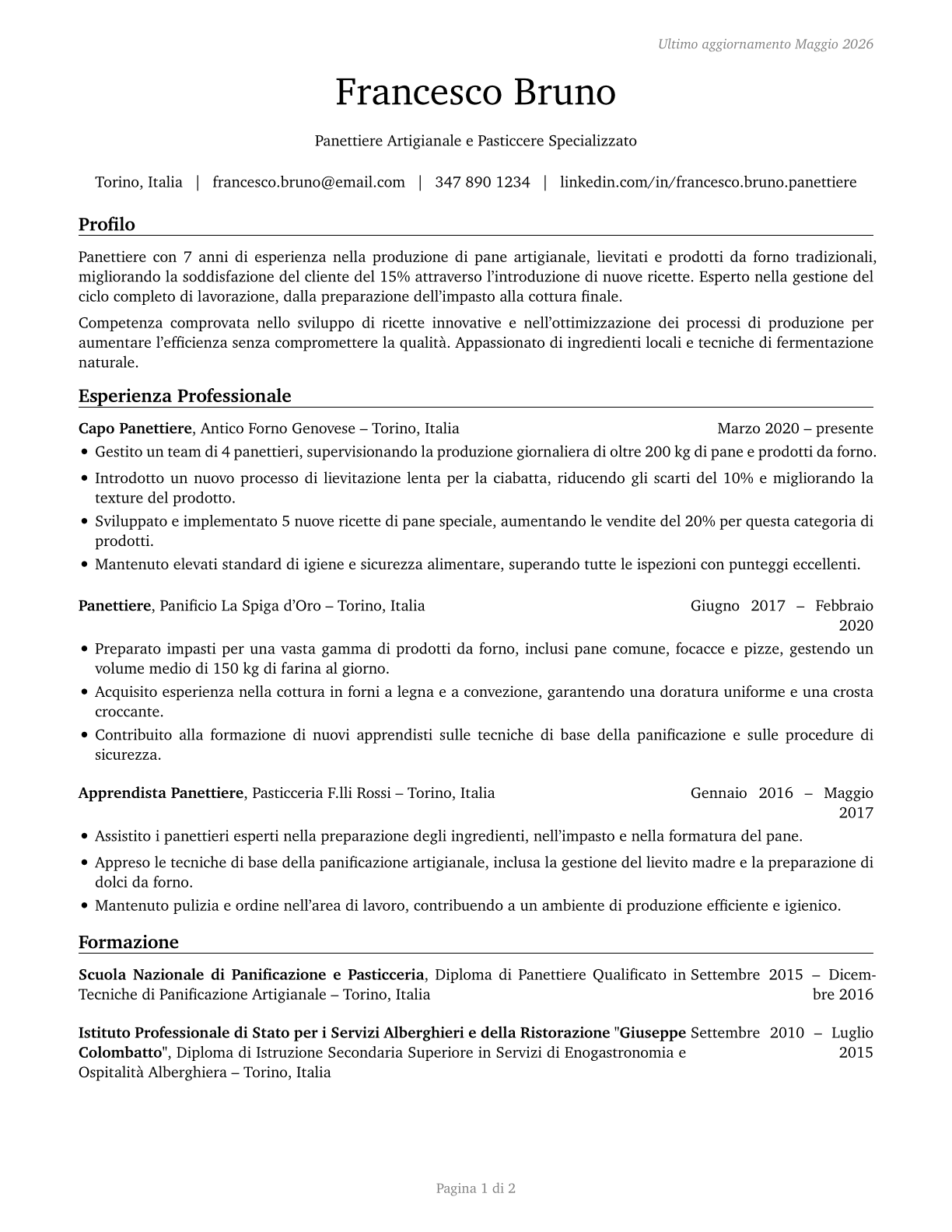 Bakers CV in Italian — page 1