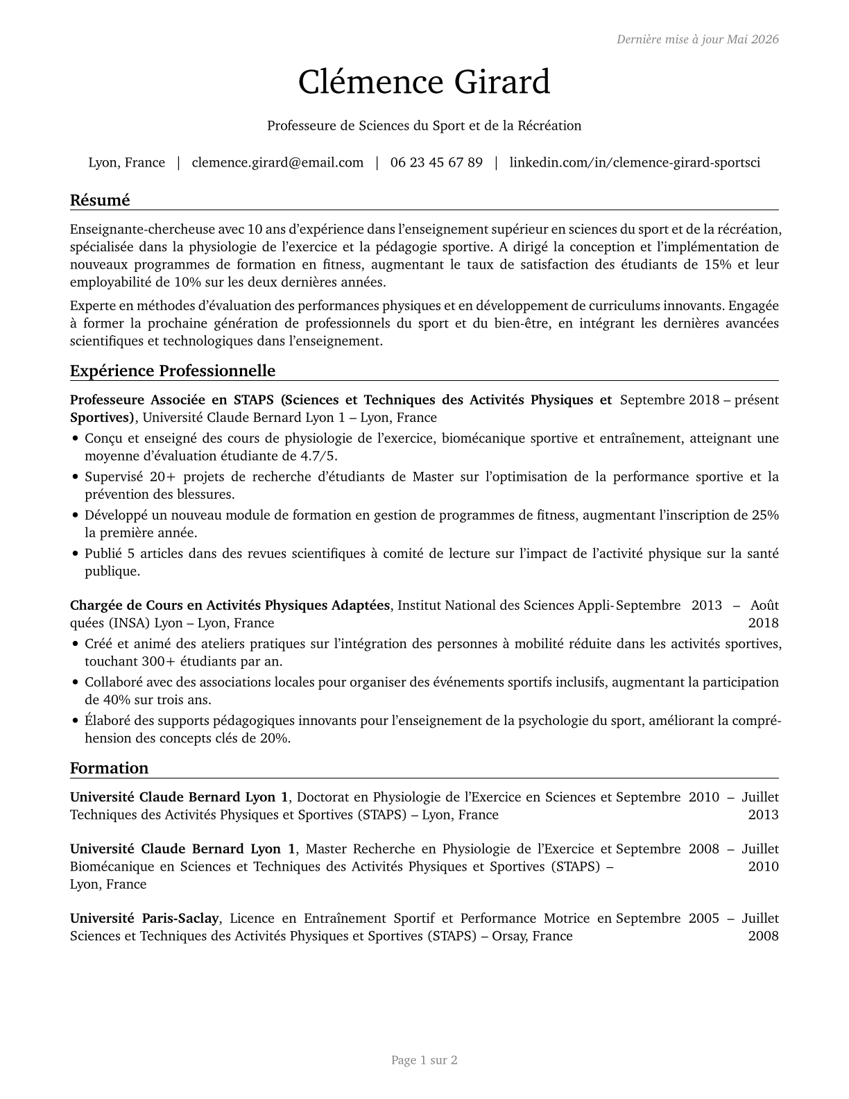 Recreation and Fitness Studies Teachers, Postsecondary CV in French — page 1