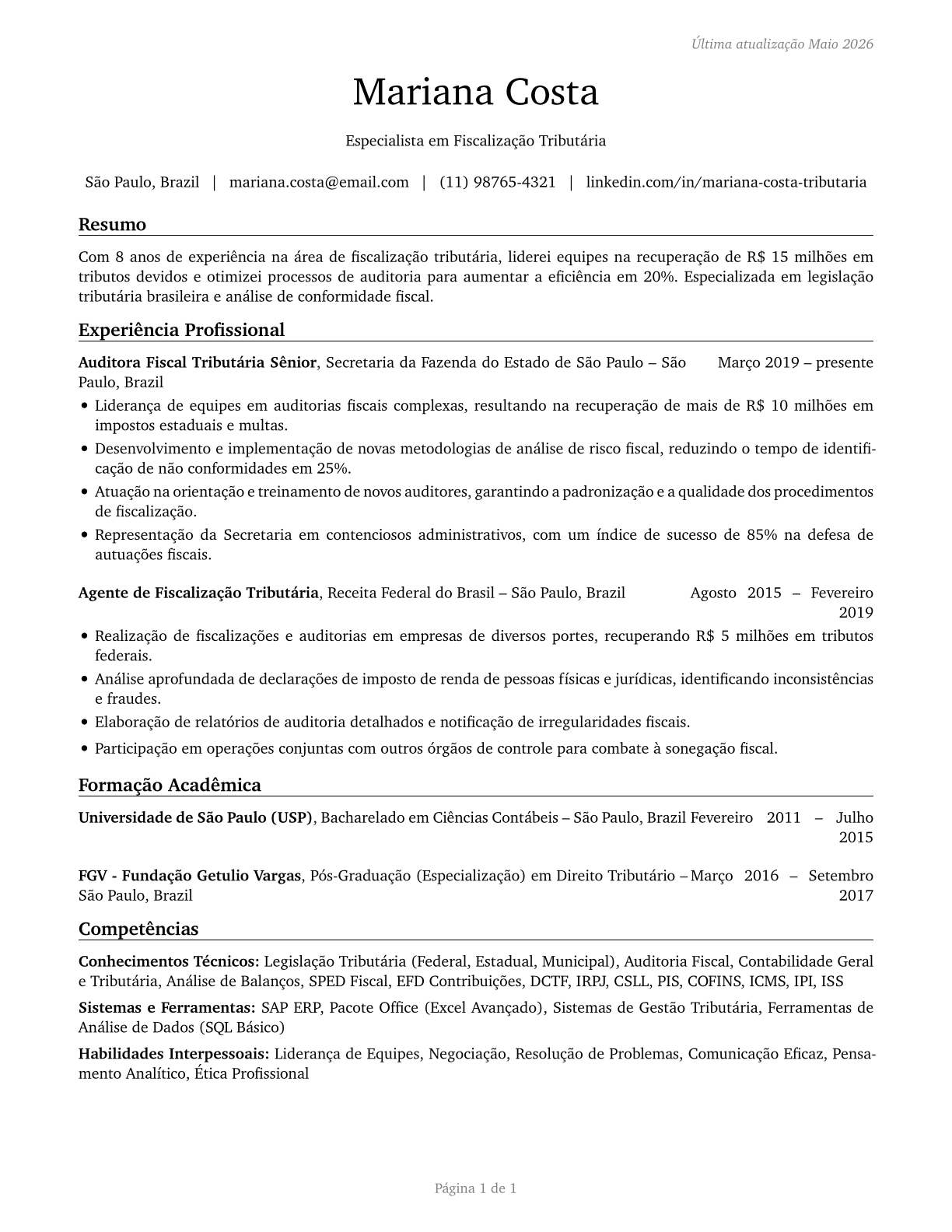 Tax Examiners and Collectors, and Revenue Agents CV in Portuguese — page 1