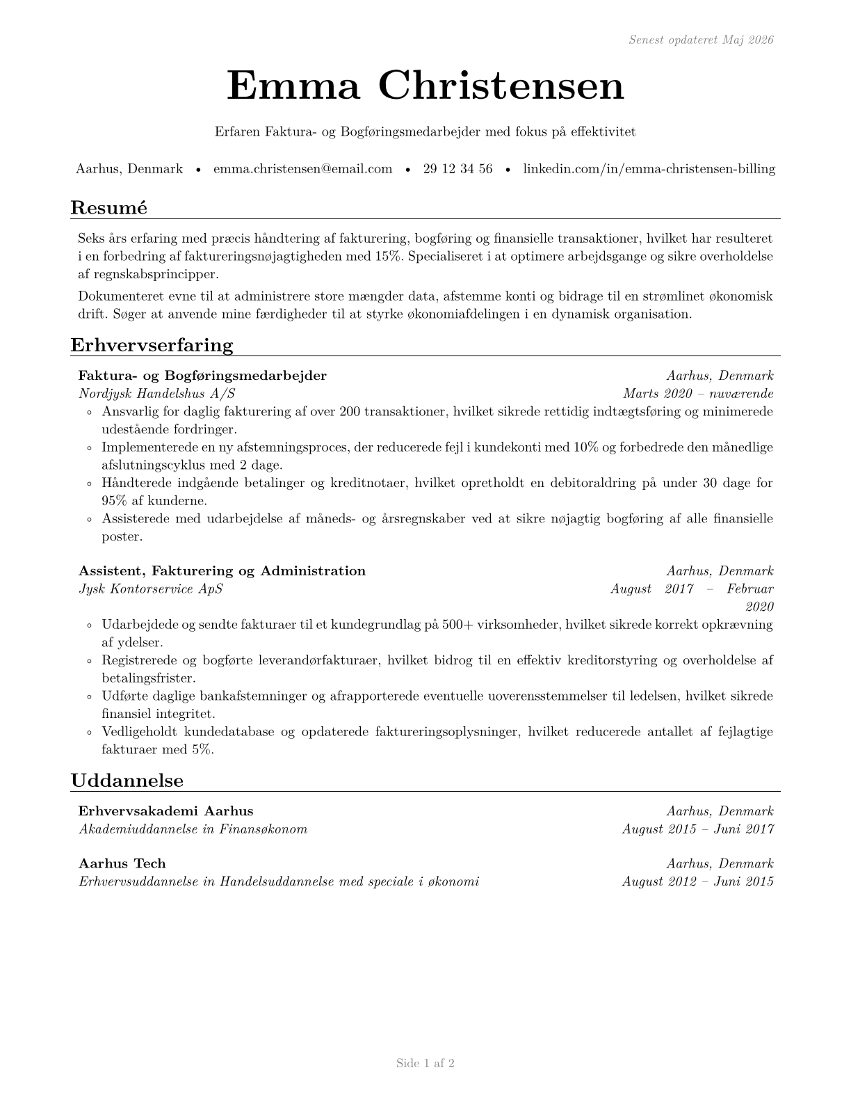 Billing and Posting Clerks CV in Danish — page 1