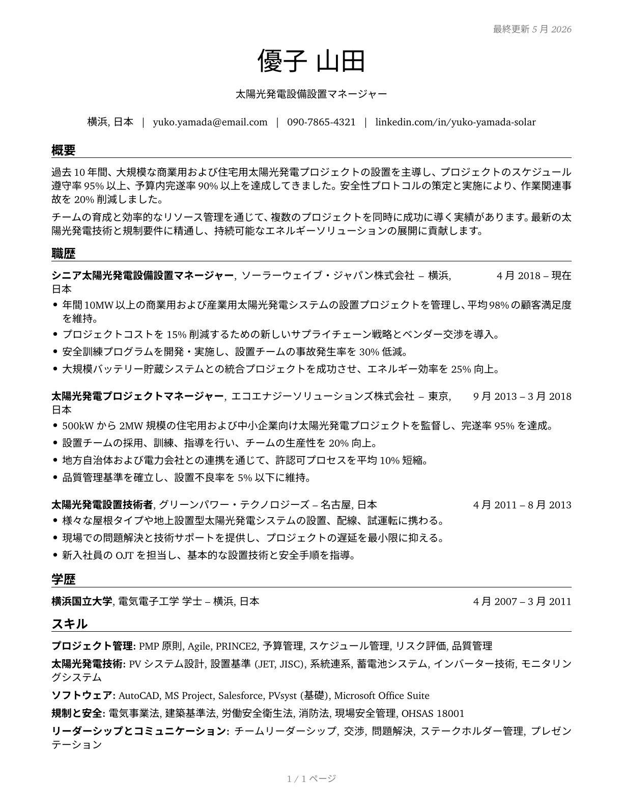 Solar Energy Installation Managers CV in Japanese — page 1