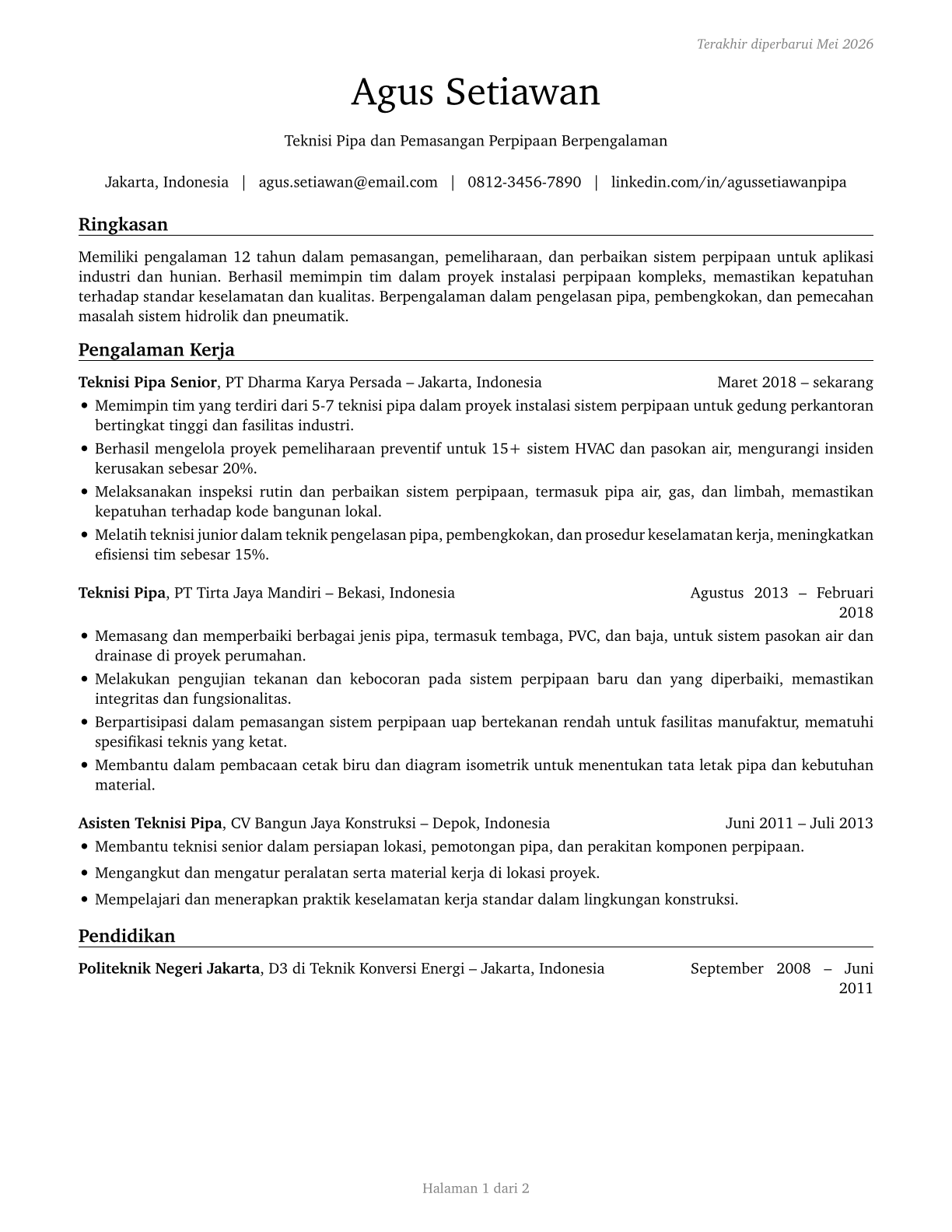 Plumbers, Pipefitters, and Steamfitters CV in Indonesian — page 1