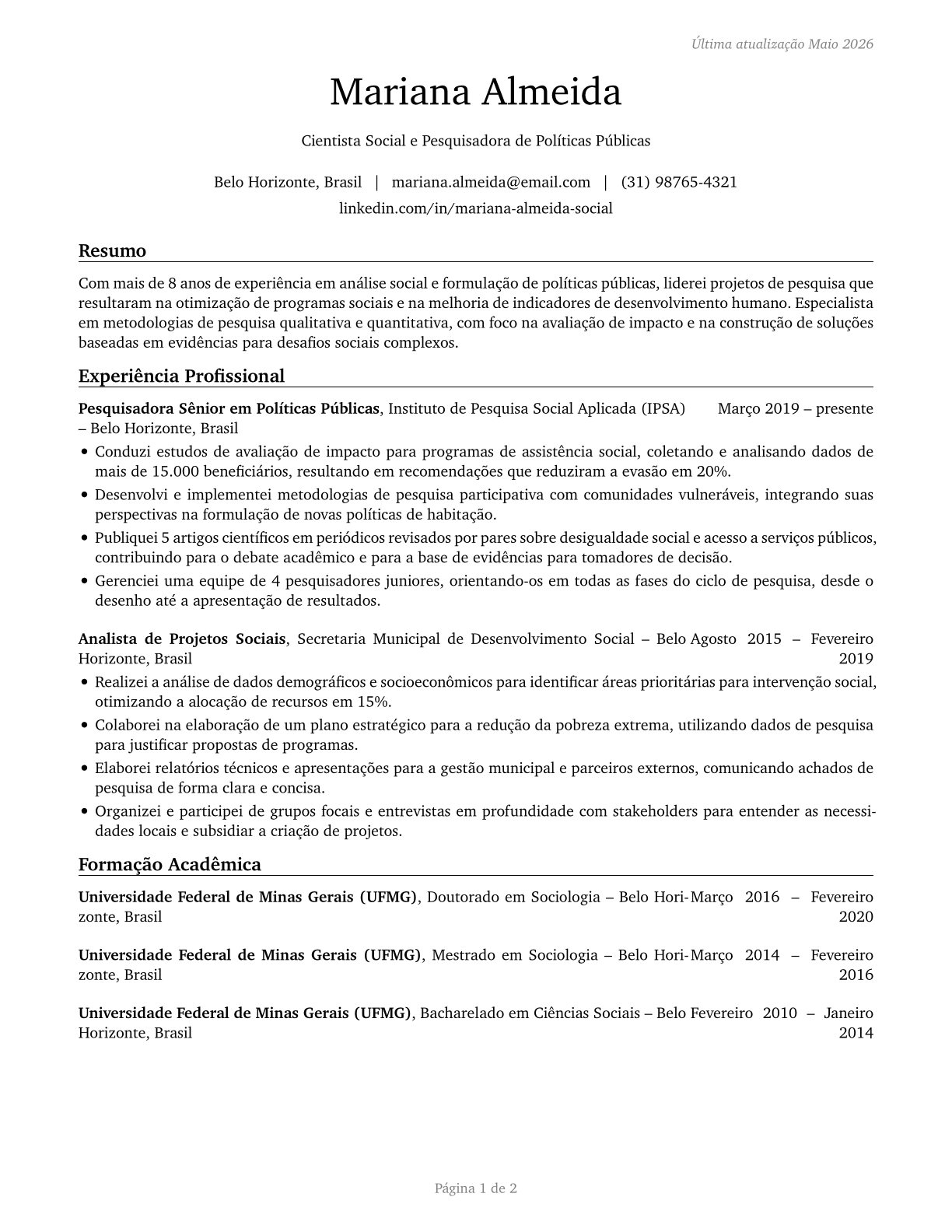 Social Scientists and Related Workers, All Other CV in Portuguese — page 1