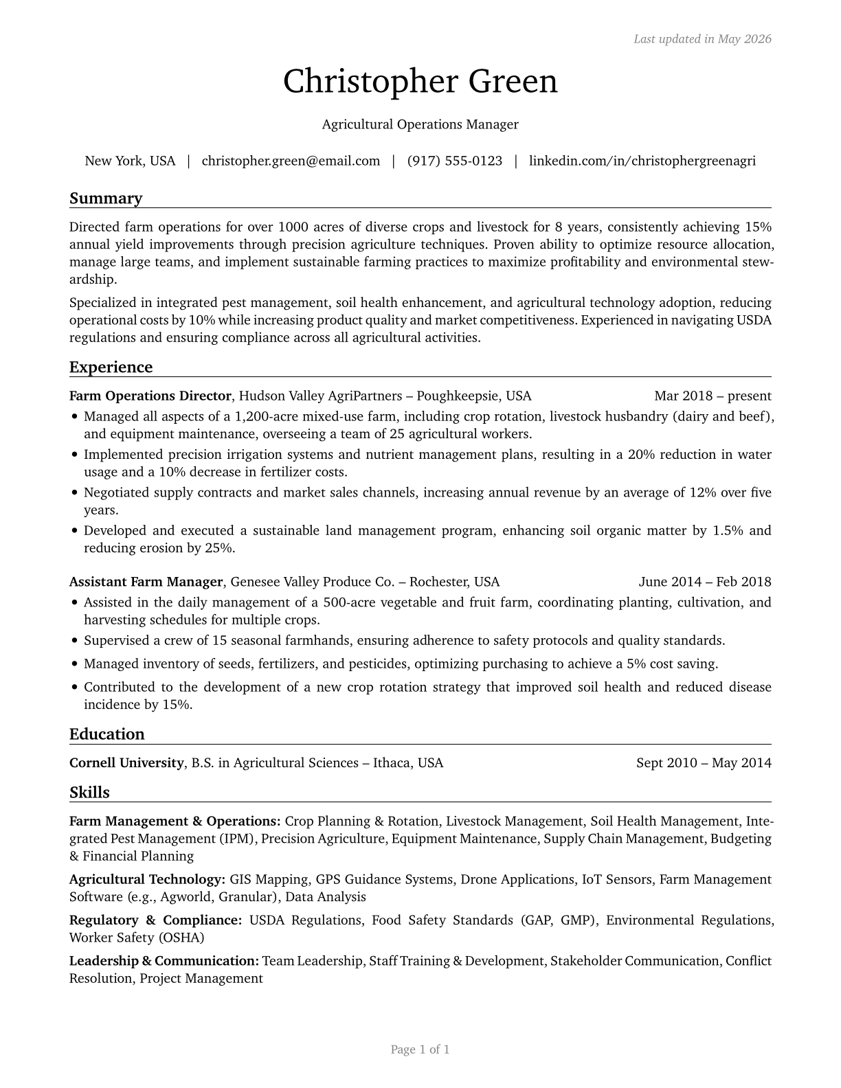 Farmers, Ranchers, and Other Agricultural Managers CV in English — page 1