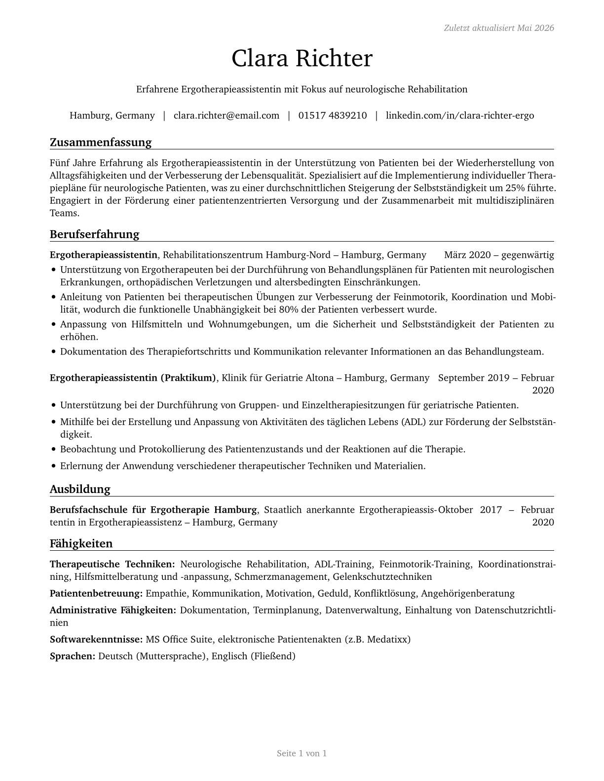 Occupational Therapy Assistants CV in German — page 1