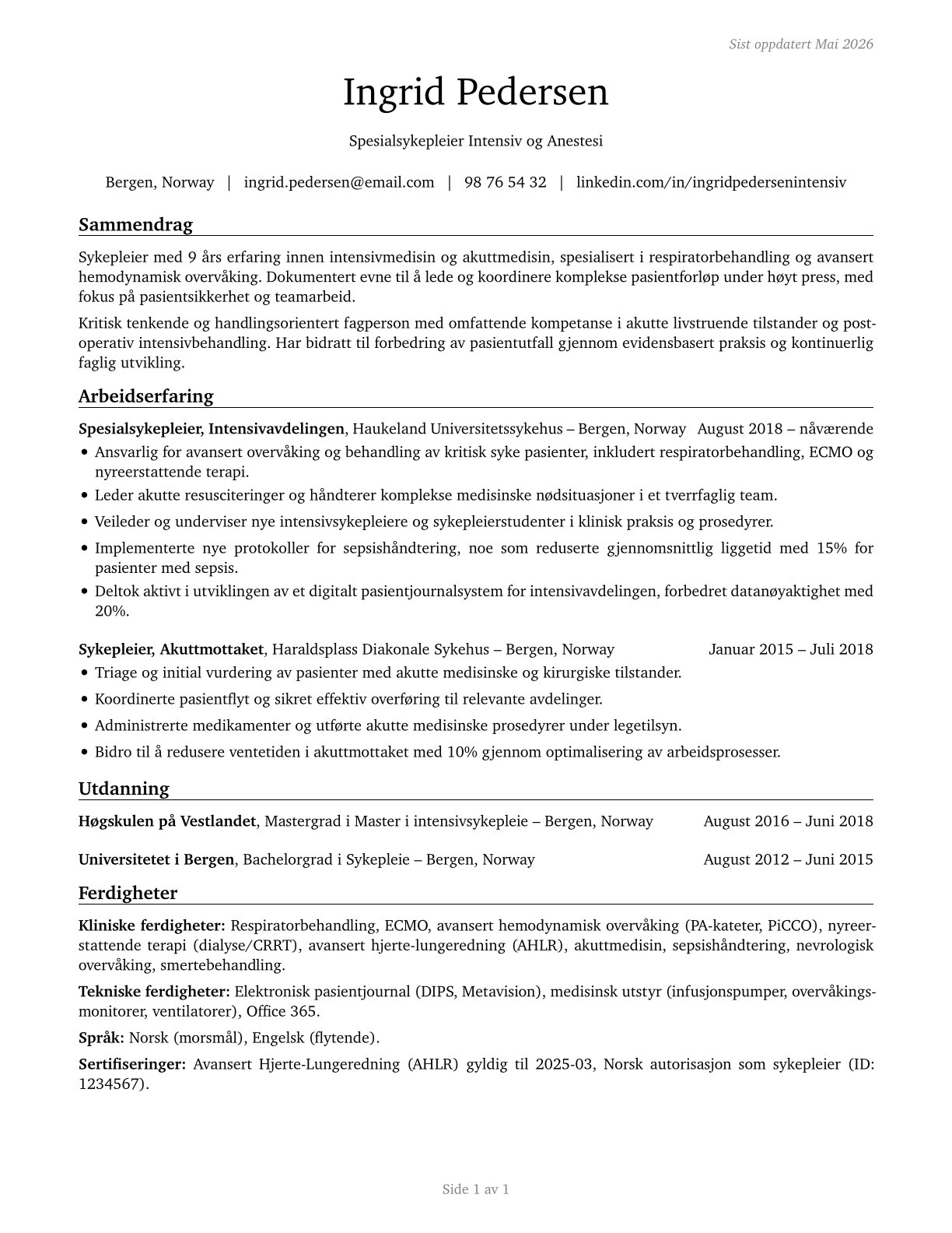 Critical Care Nurses CV in Norwegian_bokmal — page 1