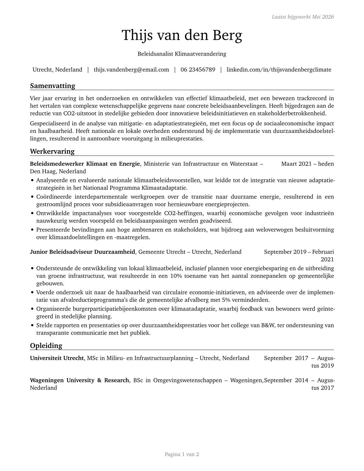 Climate Change Policy Analysts CV in Dutch — page 1
