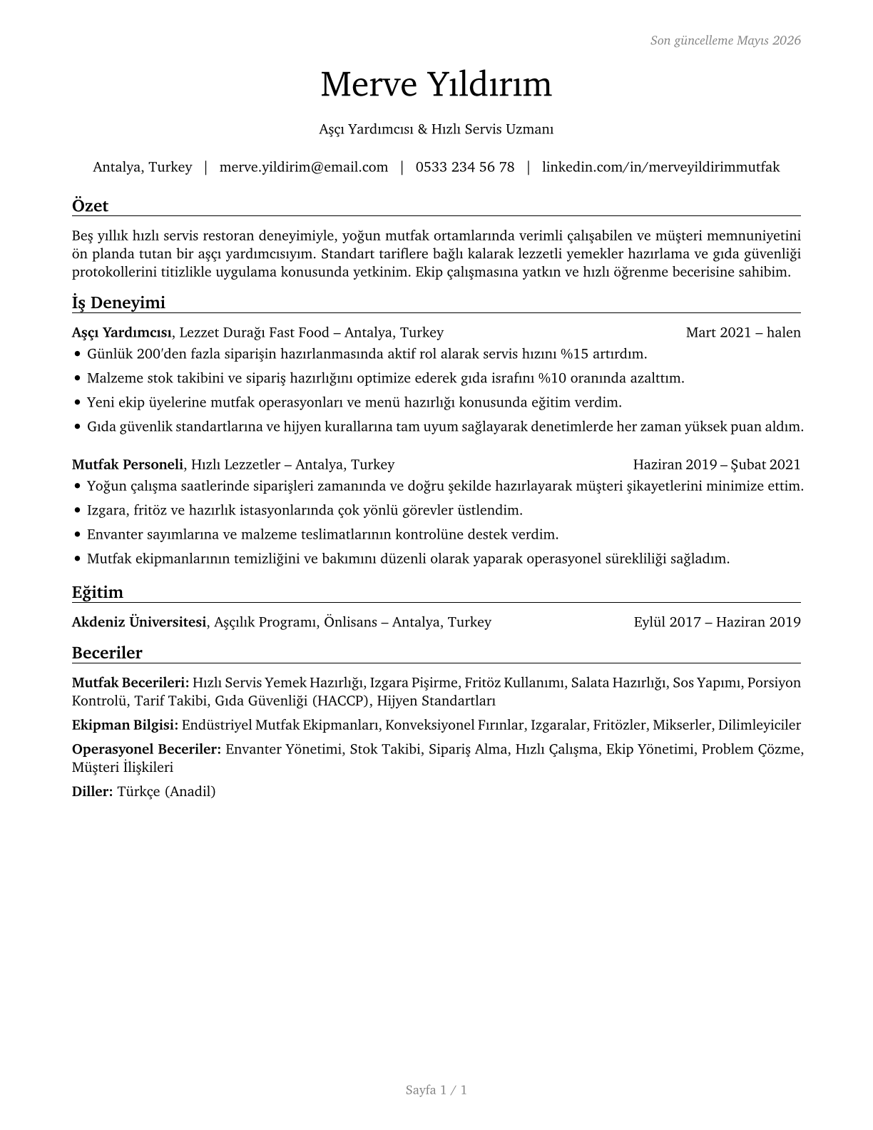 Cooks, Fast Food CV in Turkish — page 1
