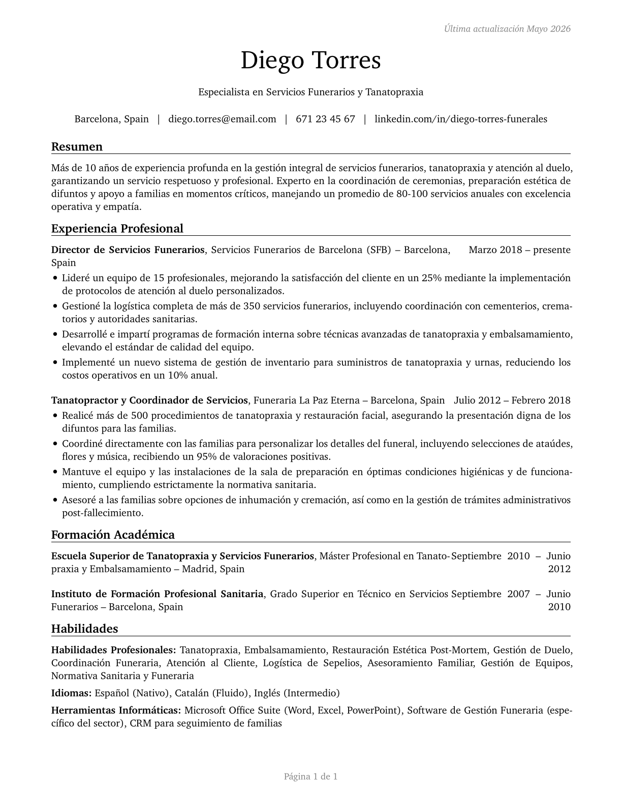 Morticians, Undertakers, and Funeral Arrangers CV in Spanish — page 1