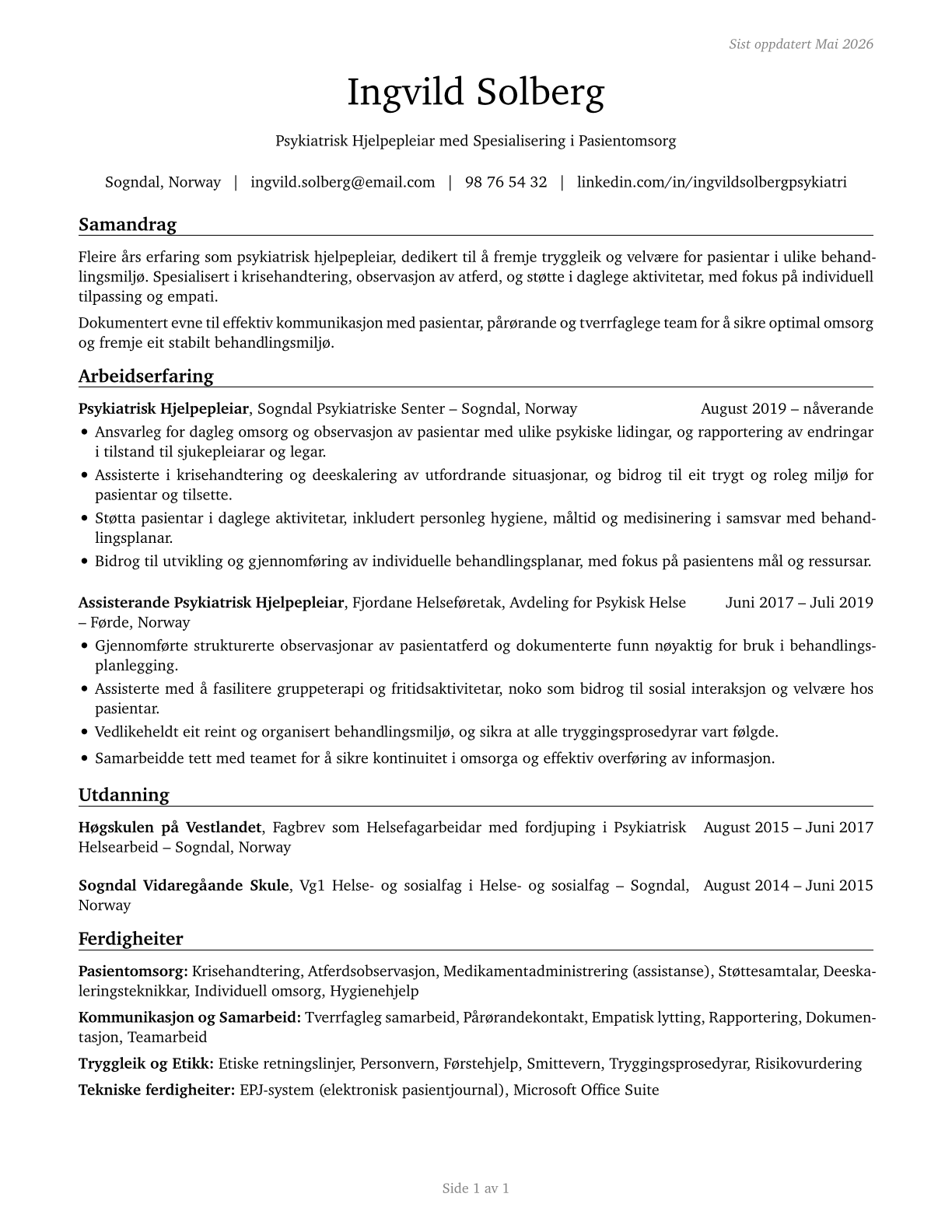 Psychiatric Aides CV in Norwegian_nynorsk — page 1