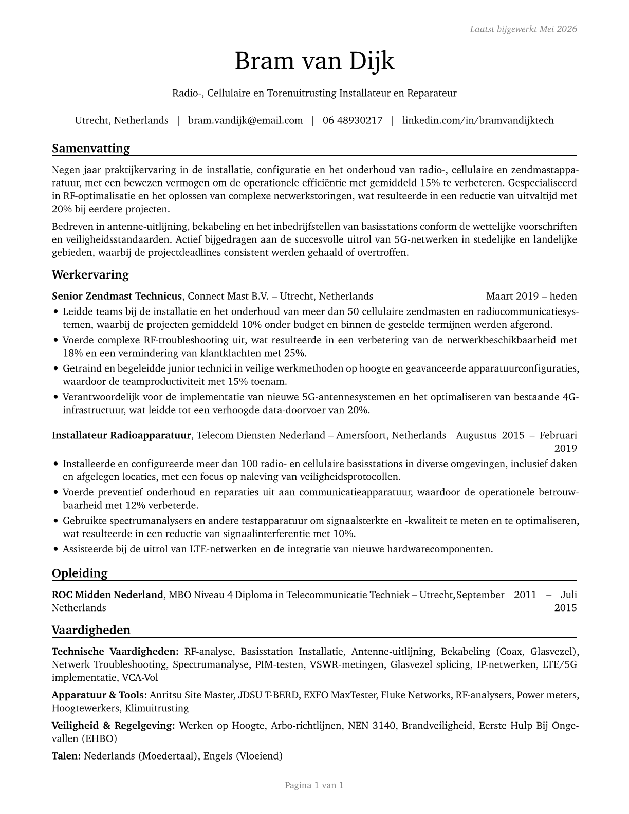 Radio, Cellular, and Tower Equipment Installers and Repairers CV in Dutch — page 1