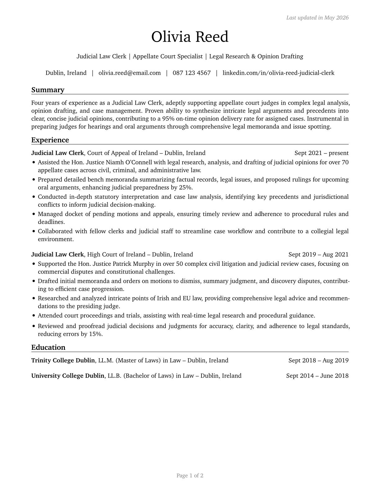 Judicial Law Clerks CV in English — page 1