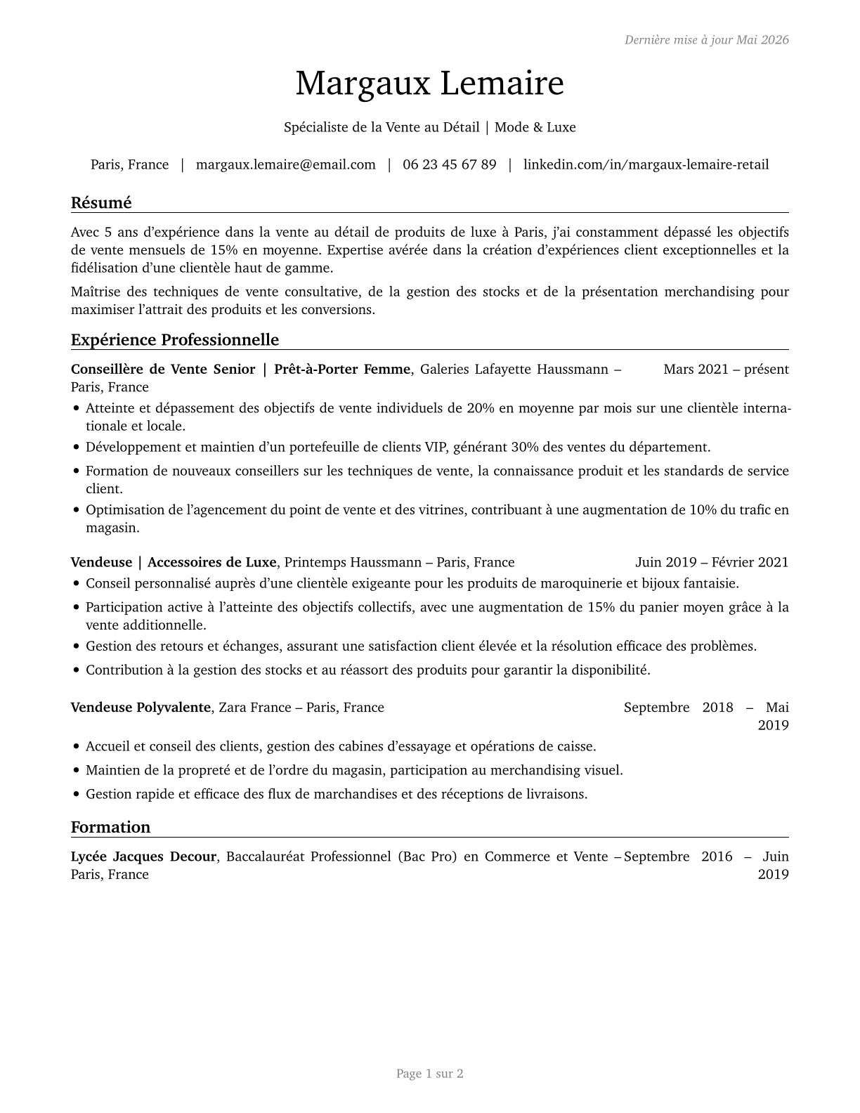 Retail Salespersons CV in French — page 1