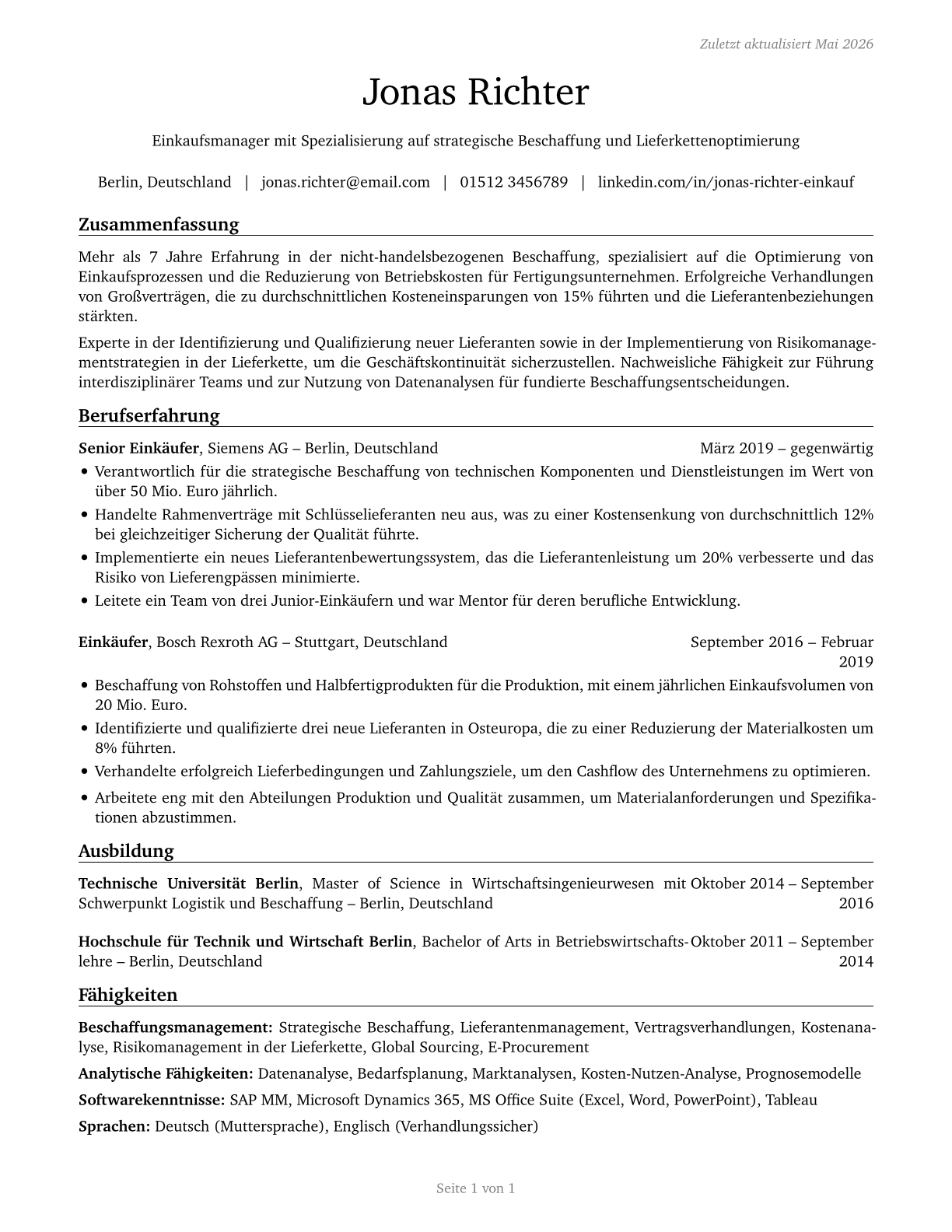Purchasing Agents, Except Wholesale, Retail, and Farm Products CV in German — page 1