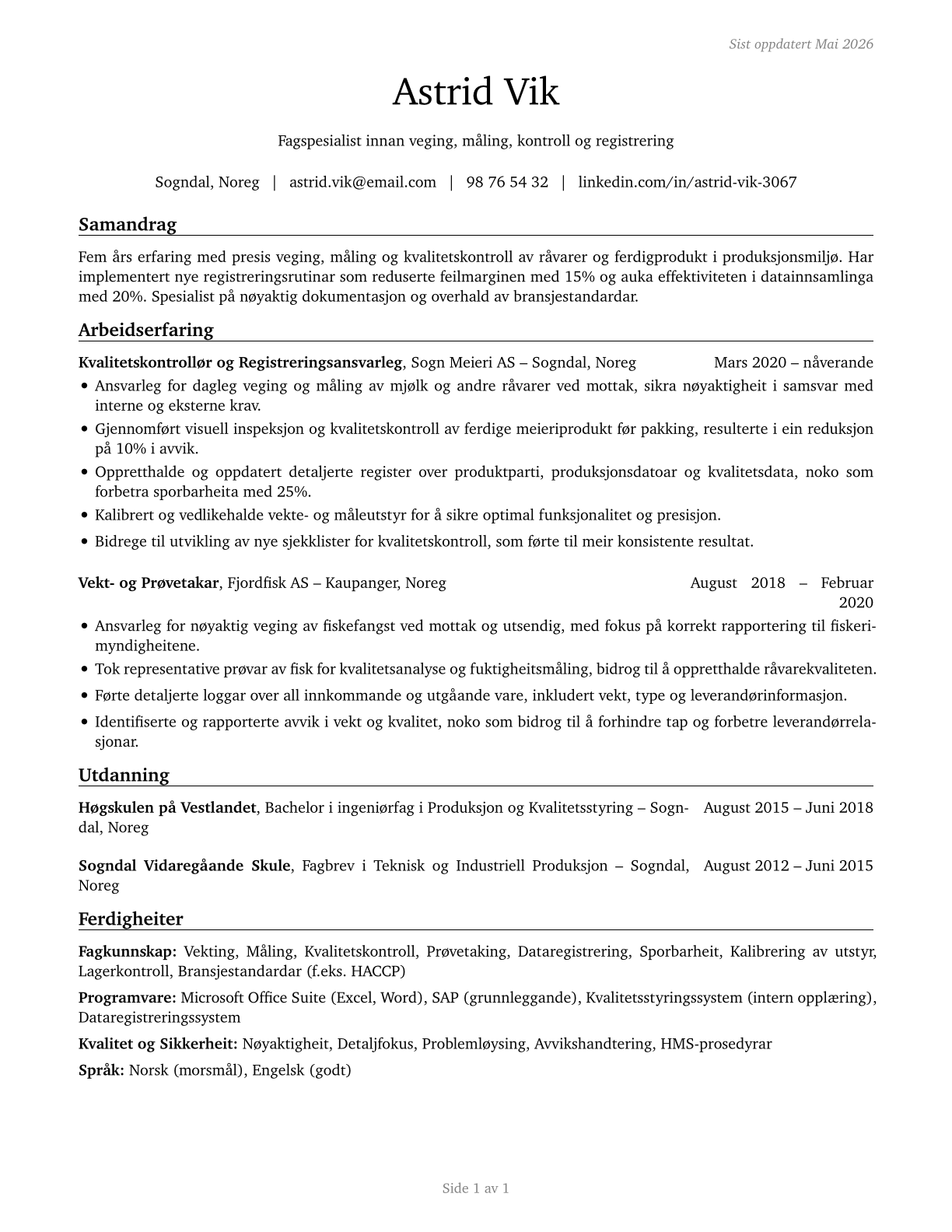 Weighers, Measurers, Checkers, and Samplers, Recordkeeping CV in Norwegian_nynorsk — page 1