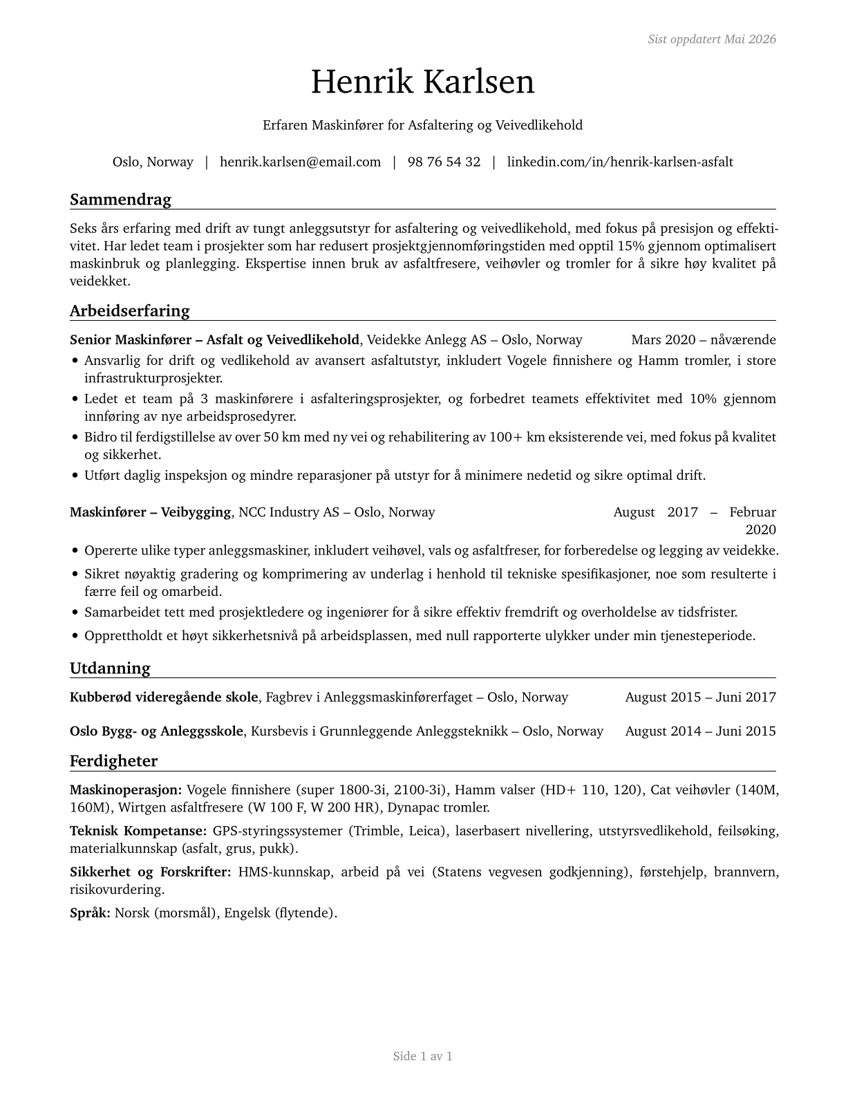 Paving, Surfacing, and Tamping Equipment Operators CV in Norwegian_bokmal — page 1