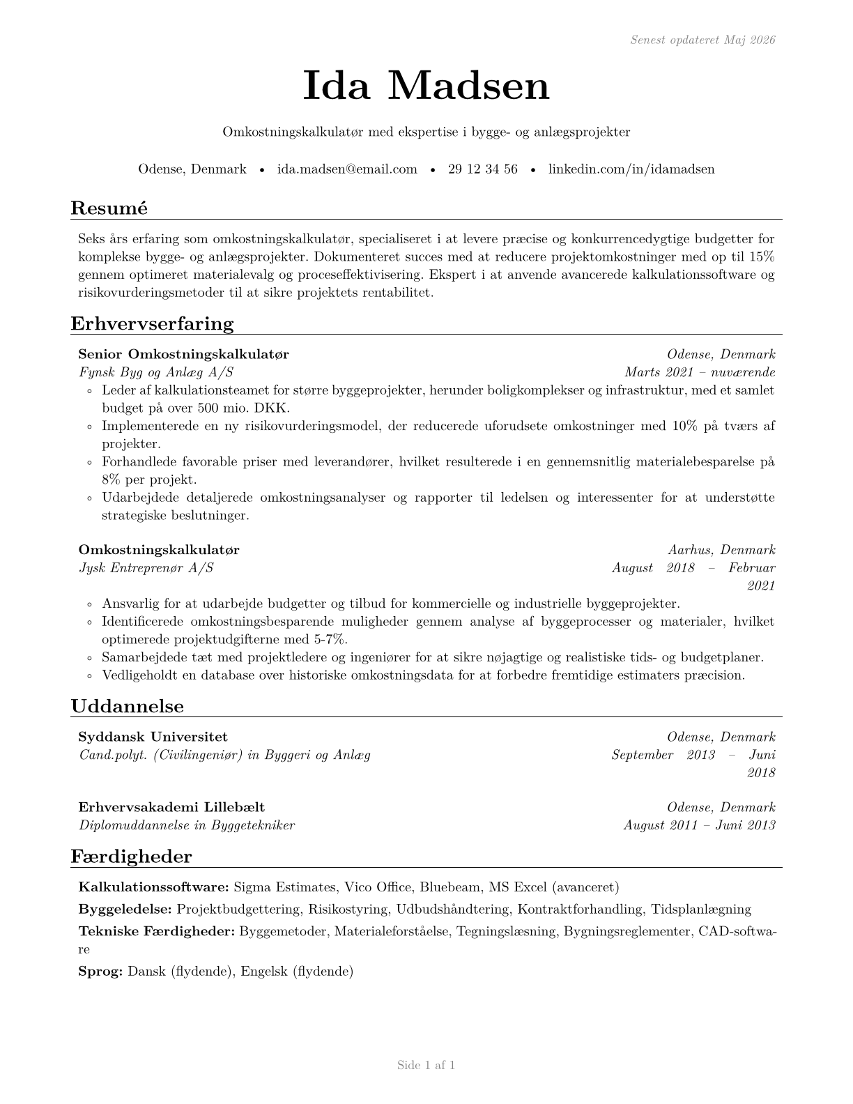 Cost Estimators CV in Danish — page 1